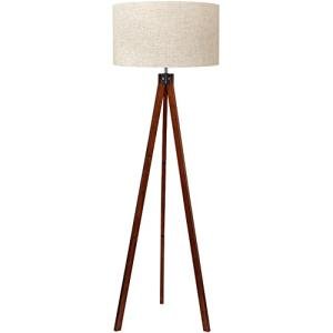 Mid Century Wood Tripod Floor Lamp with Linen Shade