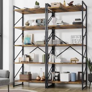 Shintenchi 5-Tier Tall Industrial Bookshelf - Rustic Brown