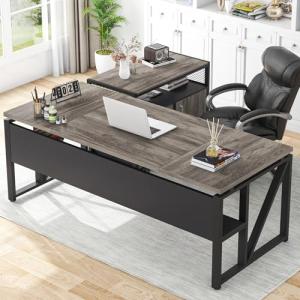Tribesigns Gray L Shaped Desk with Drawer Cabinet