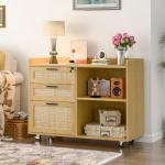 3-Drawer Rattan File Cabinet with Lock and Wheels