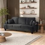 HOMES: Inside + Out Reese Modern Plush Chenille Couch with Side Pockets, Cup Holders and USB Ports, Wooden Comfortable Sofa for Living Room, Bedroom and Office, Dark Grey