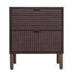 Sango Merk 2-Drawer Nightstand, Modern Walnut Bedside Table with Cylindrical Wood Legs, Vertical & Horizontal Groove Patterns, Discreet Metal Finger Pulls, Smart Storage for Office or Living Room
