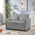 53'' Convertible Sleeper Sofa Bed with Adjustable Backrest, Recliner Function, 2 Pillows & Side Storage Pockets – Stylish & Functional Furniture for Living Room or Small Spaces (Grey-1)