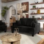 HOMES: Inside + Out Reese Modern Plush Chenille Comfortable Loveseat with Side Pockets, Cup Holders and Pillows, Wooden Soft Couch for Living Room, Bedroom and Office, Black
