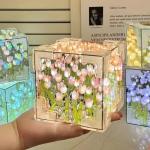 DIY Tulip Mirror Cube Lamp Flower Table Lamp Handmade Romantic Valentine's Day Lamp Tulips Home Decorations Gift for Girlfriend