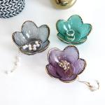 CEIERPH Black Flower Ring Dish Jewelry Tray, Small Glass Trinket Tray for Rings Earrings, Present for Wife Mom Daughter Women