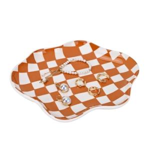 Koythin Jewelry Tray, Ceramic Jewelry Dish Trinket Tray Organizer, Checkered Pattern Aesthetic Decorative for Kitchen, Bathroom, Birthday Gift (Brown Plaid)