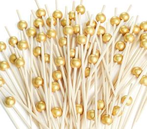 200PCS Cocktail Picks, Fancy Toothpicks for Appetizers, Decorative Bamboo Skewers for Appetizers Drinks Fruit, 4.7 Inch Long Wooden Gold Pearl Food Sticks Charcuterie Boards Accessories Party Supplies