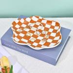 Koythin Jewelry Tray, Ceramic Jewelry Dish Trinket Tray Organizer, Checkered Pattern Aesthetic Decorative for Kitchen, Bathroom, Birthday Gift (Brown Plaid)