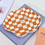 Koythin Jewelry Tray, Ceramic Jewelry Dish Trinket Tray Organizer, Checkered Pattern Aesthetic Decorative for Kitchen, Bathroom, Birthday Gift (Brown Plaid)