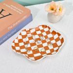 Koythin Jewelry Tray, Ceramic Jewelry Dish Trinket Tray Organizer, Checkered Pattern Aesthetic Decorative for Kitchen, Bathroom, Birthday Gift (Brown Plaid)