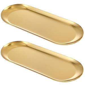 2PACK Gold Decorative Tray, Bathroom Vanity Tray for Dresser Counter, Stainless Steel Jewelry Dish Tray for Decor, Perfume Ring Key Candle Organizer Tray, Oval