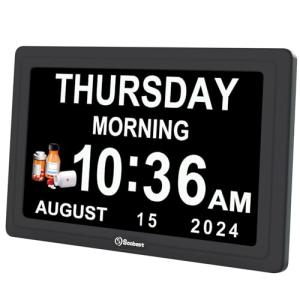 Soobest Digital Dementia Alarm Clock for Seniors Elderly, Electric Large Display Date Day of Week Time Calendar Clock 20 Reminders 3 Ringtones for Memory Loss Alzheimers, Auto DST/Dimmer, 1024*600P HD