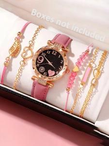 6PCS Women's Fashion Quartz Watch Luxury Pink Leather Band Analog WristWatch Ladies Watch Women Dress Bracelet Set Clock