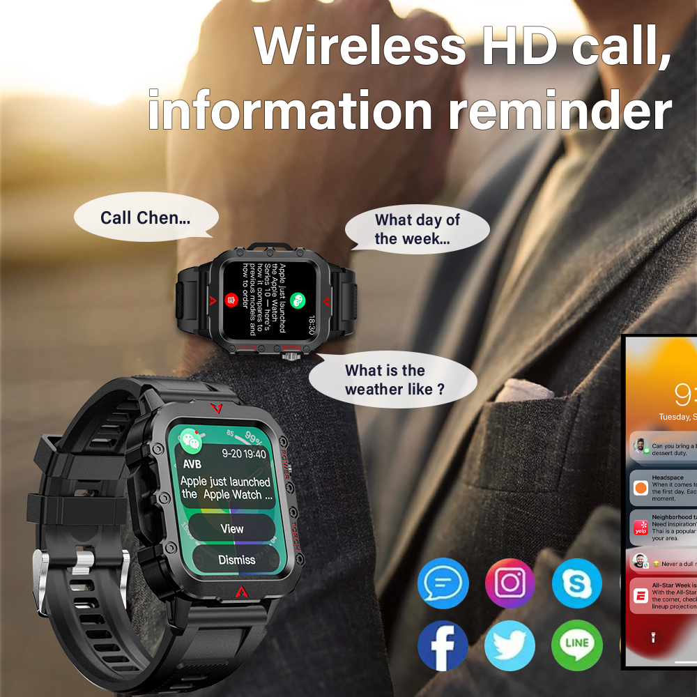 LAXASFIT New Outdoor Military Smartwatch Bluetooth Talking Smartwatch 1.73 Inch LED Sports Fitness Watch