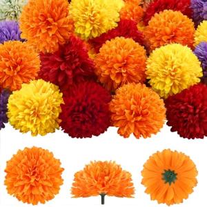 50Pcs 2.75'' Marigold Flowers Heads Bulk, Silk Marigold Artificial Flowers for Diwali Home Decor DIY Wreath Garland Craft Baby Shower Wedding Mexican Party Decoration Halloween New Year Decor（Mix-2）