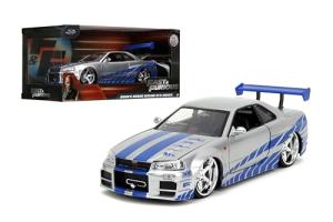 Jada Toys Fast & Furious Brian’s 2002 Nissan Skyline R34 Die-cast Car, 1:24 Scale, Silver & Blue,19808