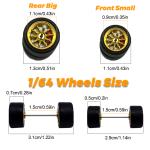 Kicarmod 1/64 Front Small Rear Large Model Car Wheels with Rubber Tire Brake Disc Refitting Parts Diameter 11X13mm For Tomica