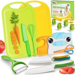 LovesTown 18PCS Kids Kitchen Playset, Kids Cutting Board and Knife Set Toddler Cooking and Baking Toys with Peeler Cutters Homeschool Esstentials