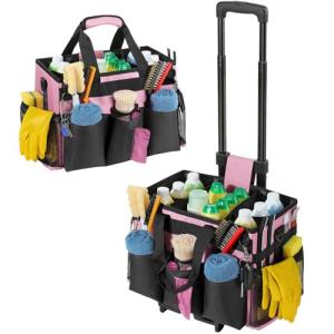 Housolution Rolling Cleaning Caddy Bag with Detachable Trolley, Professional Portable Large Cleaning Bag with Wheels, Home Organiser Wearable Cleaning Supply Bag on Wheels for Housekeepers, Pink