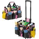 Housolution Rolling Cleaning Caddy Bag with Detachable Trolley, Professional Portable Large Cleaning Bag with Wheels, Home Organiser Wearable Cleaning Supply Bag on Wheels for Housekeepers, Pink