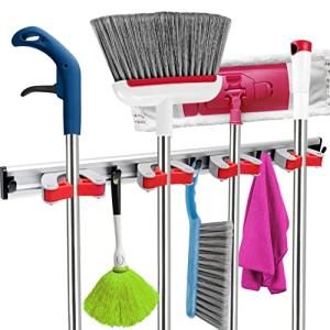 20" Broom Holder Wall Mount - 4 Sliding Broom Mop Holders and 5 Hooks, Moveable Wall Hanging Organizer for Garage, Restaurant, Kitchen and Laundry Room, Perfect for Cleaning Supplies - Home Lativ