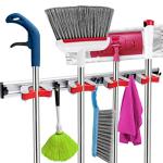 20" Broom Holder Wall Mount - 4 Sliding Broom Mop Holders and 5 Hooks, Moveable Wall Hanging Organizer for Garage, Restaurant, Kitchen and Laundry Room, Perfect for Cleaning Supplies - Home Lativ