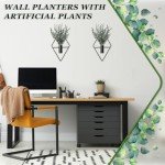 Jexine 2 Pcs Hanging Planters with Artificial Eucalyptus Metal Hanging Vase Indoor Plants Holder Modern Geometric Boho Wall Decor for Living Room Home Office(Black)