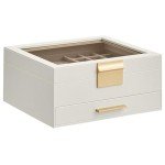 SONGMICS Jewelry Box with Glass Lid, 2-Layer Jewelry Organizer, 1 Drawer, for Big and Small Jewelry, Jewelry Storage, Modern Style, 8 x 9.1 x 4.1 Inches, Cloud White and Gold Color UJBC174W01