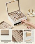 SONGMICS Jewelry Box with Glass Lid, 2-Layer Jewelry Organizer, 1 Drawer, for Big and Small Jewelry, Jewelry Storage, Modern Style, 8 x 9.1 x 4.1 Inches, Cloud White and Gold Color UJBC174W01