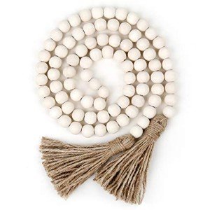 58in Wood Bead Garland with Tassels, Farmhouse Rustic Country Decor Prayer Boho Wall Hanging Decoration (Nature)