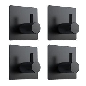 VIS'V Adhesive Hooks, Black Adhesive Towel Hooks Waterproof Self Adhesive Shower Wall Hooks Stainless Steel Stick on Hooks Heavy Duty Sticky Hooks for Bathroom Kitchen Livingroom Camper 4 Pcs