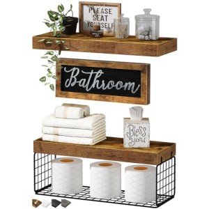 QEEIG ‎Bathroom Shelves Over Toilet - Paper Storage Wall Mounted Farmhouse Decor Decorations Aesthetic Décor Sign Small Floating Shelf 2+1 Set 16 inch, Rustic Brown (020BN)