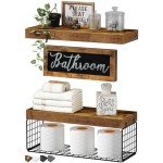 QEEIG ‎Bathroom Shelves Over Toilet - Paper Storage Wall Mounted Farmhouse Decor Decorations Aesthetic Décor Sign Small Floating Shelf 2+1 Set 16 inch, Rustic Brown (020BN)