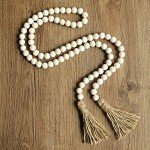 58in Wood Bead Garland with Tassels, Farmhouse Rustic Country Decor Prayer Boho Wall Hanging Decoration (Nature)