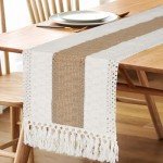 FEXIA Boho Table Runner for Christmas Home Decor with Tassels 72 Inches Long Farmhouse Rustic Table Runner Macrame Burlap Table Decoration for Living Room Bridal Shower(12x72 Inches)