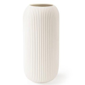 White Ceramic Vase for Flowers, 8 INCH Modern Small Ribbed Textured White Flower Vase for Home Decor, Pampas Grass, Decorative, Farmhouse, Coffee Table, Bookshelf and Home Living