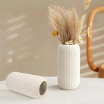 White Ceramic Vase for Flowers, 8 INCH Modern Small Ribbed Textured White Flower Vase for Home Decor, Pampas Grass, Decorative, Farmhouse, Coffee Table, Bookshelf and Home Living