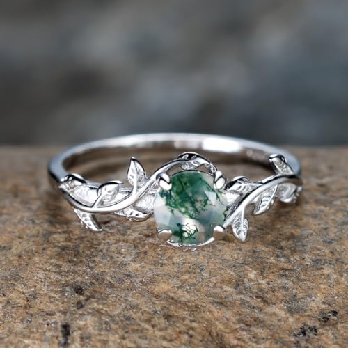 Natural Moss Agate Leaf Engagement Promise Ring for Women