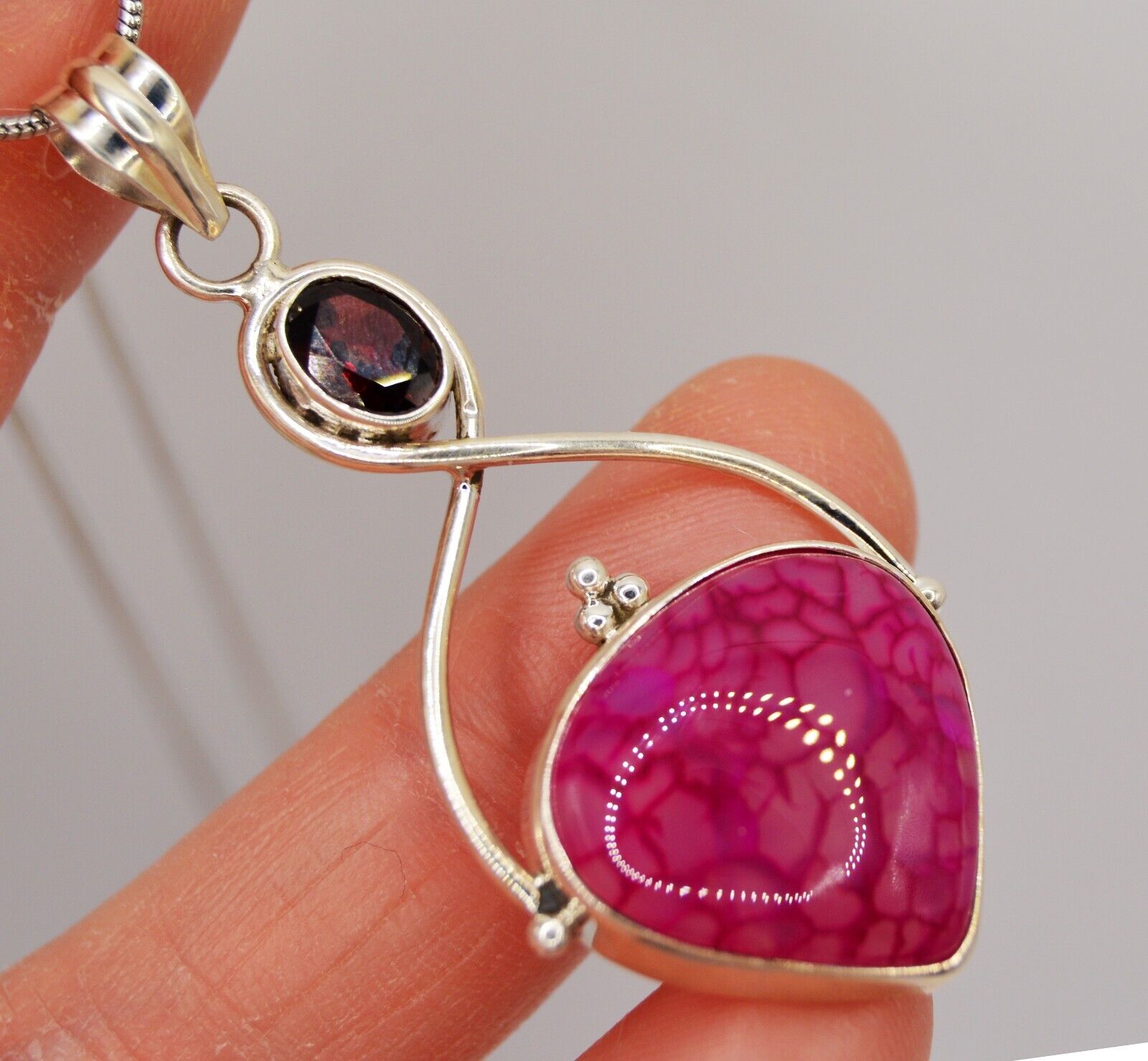 Garnet and Pink Dragon Vein Agate Pendant Necklace