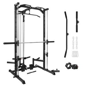 RitFit Smith Machine Power Rack with LAT-Pull Down System, Landmine, Barbell Bar, Plate Storage Pegs and More Training Attachment, 1000 LBS Multifunction Squat Rack for Home Gym, Upgraded 2.0