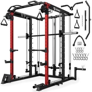 Goimu S1-V4 Smith Machine, 2000LBS Power Cage with Cable Crossover System, All-in-One Squat Rack with Smith Bar, Workout Cage Strength Training Equipment with Attachments (S1-V4 Smith Machine RD)