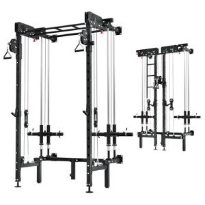 Folding Squat Rack for Home Gym, Wall Mounted Power Rack with Cable Crossover Machine & LAT Pull Down, Foldable Squat Cage with 7 Adjustable Function Modes with J-Hooks/Pull-up Bar/360°Landmine