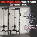 Folding Squat Rack for Home Gym, Wall Mounted Power Rack with Cable Crossover Machine & LAT Pull Down, Foldable Squat Cage with 7 Adjustable Function Modes with J-Hooks/Pull-up Bar/360°Landmine