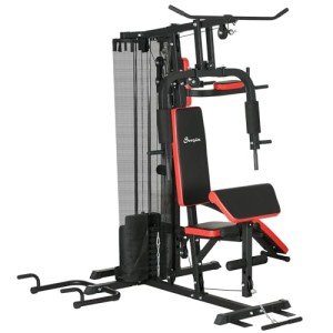 Soozier Multi Gym Workout Station with 143lbs Weight Stack, Home Gym Equipment with Sit up Bench, Push up Stand, Dip Station, Adjustable, for Full Body Strength Training