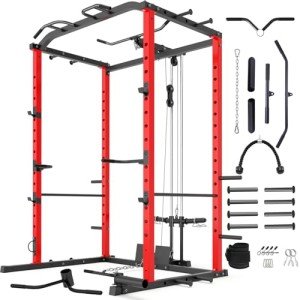VANSWE Power Cage with LAT Pulldown Attachment, 1200-Pound Capacity Power Rack Full Home Gym Equipment with Multi-Grip Pull-up Bar, Landmine, T bar and Dip Handle