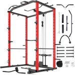 VANSWE Power Cage with LAT Pulldown Attachment, 1200-Pound Capacity Power Rack Full Home Gym Equipment with Multi-Grip Pull-up Bar, Landmine, T bar and Dip Handle