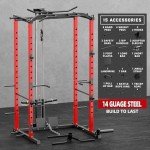 VANSWE Power Cage with LAT Pulldown Attachment, 1200-Pound Capacity Power Rack Full Home Gym Equipment with Multi-Grip Pull-up Bar, Landmine, T bar and Dip Handle