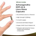 Ashwagandha KSM-66 and Lions Mane Capsules - High Strength 2000mg KSM-66 Ashwaghandha Root Extract and Lions Mane Mushroom Extract - 120 Vegan Capsules with Black Pepper - UK Made by New Leaf