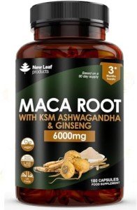 Maca Root Capsules with KSM Ashwagandha and Ginseng - 180 High Strength 6000mg Maca Root + Ashwagandha KSM-66, Panax Ginseng & Black Pepper - Vegan Capsules Made in The UK